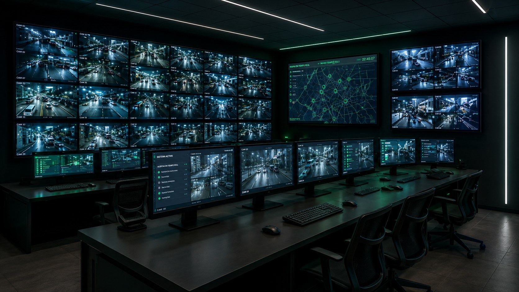Central de monitoreo Eagle Eye Seguridad con pantallas de cámaras y mapa en tiempo real