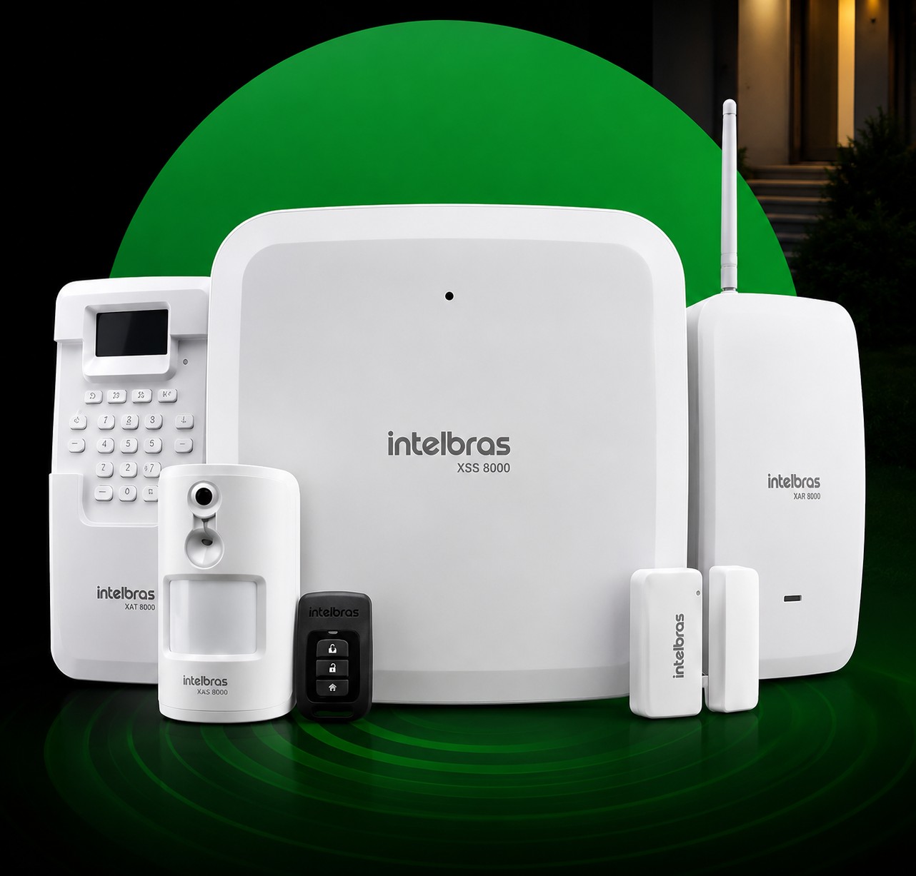 Kit de alarma Intelbras: panel central, sensores de movimiento, sensor de apertura, control remoto y repetidor